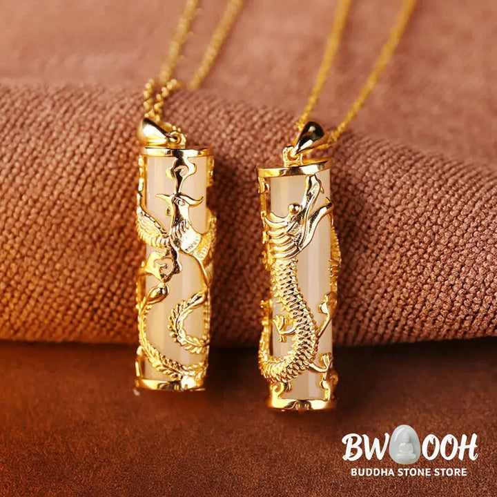 BWOOOH Jade Dragon Phoenix Copper Blessing Harmony Necklace Pendant, showcasing a vivid green jade stone intricately carved with dragon and phoenix symbols, paired with a shimmering copper chain. Spiritual amulet for balance and protection. - View 9