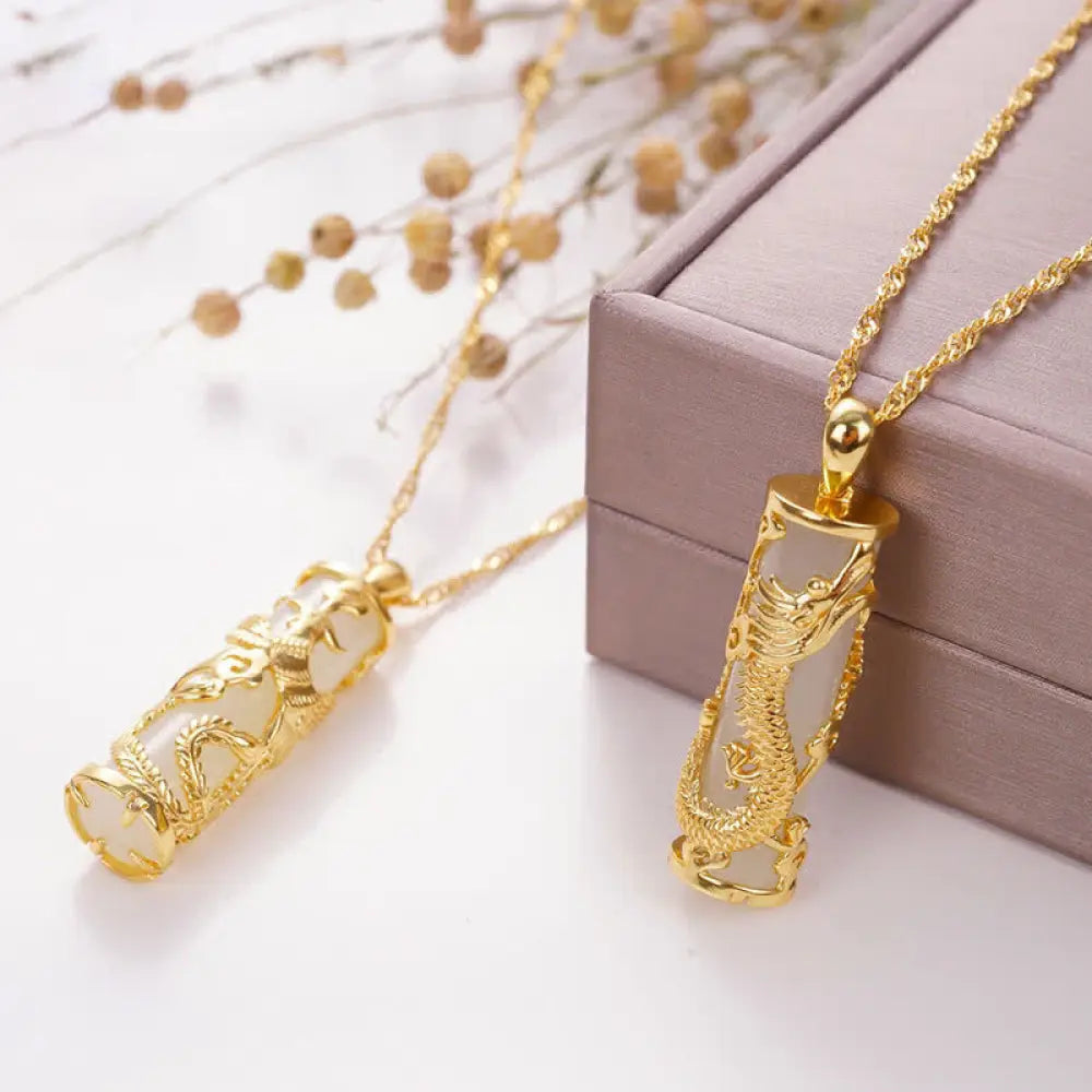 BWOOOH Jade Dragon Phoenix Copper Blessing Harmony Necklace Pendant, showcasing a vivid green jade stone intricately carved with dragon and phoenix symbols, paired with a shimmering copper chain. Spiritual amulet for balance and protection.