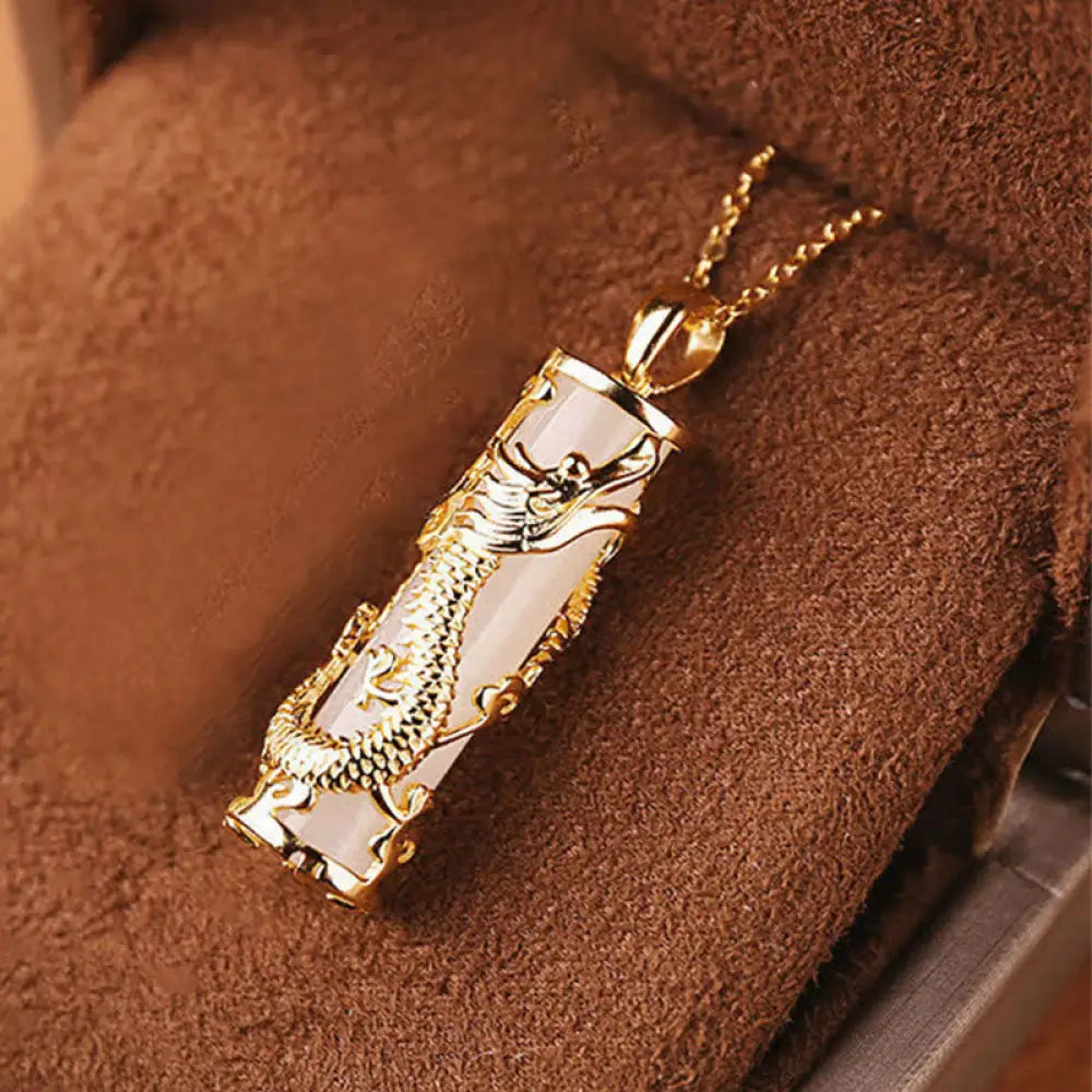 BWOOOH Jade Dragon Phoenix Copper Blessing Harmony Necklace Pendant, showcasing a vivid green jade stone intricately carved with dragon and phoenix symbols, paired with a shimmering copper chain. Spiritual amulet for balance and protection. - View 3