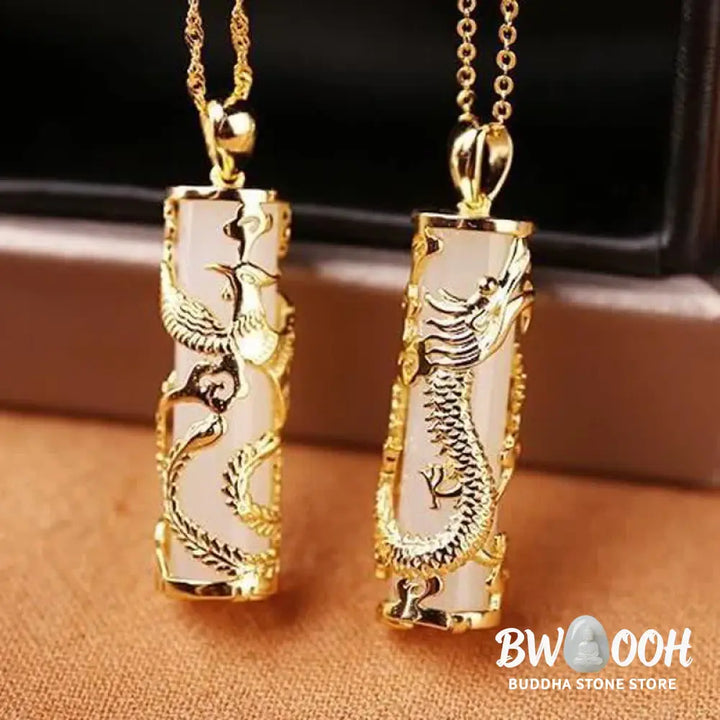 BWOOOH Jade Dragon Phoenix Copper Blessing Harmony Necklace Pendant, showcasing a vivid green jade stone intricately carved with dragon and phoenix symbols, paired with a shimmering copper chain. Spiritual amulet for balance and protection. - View 5