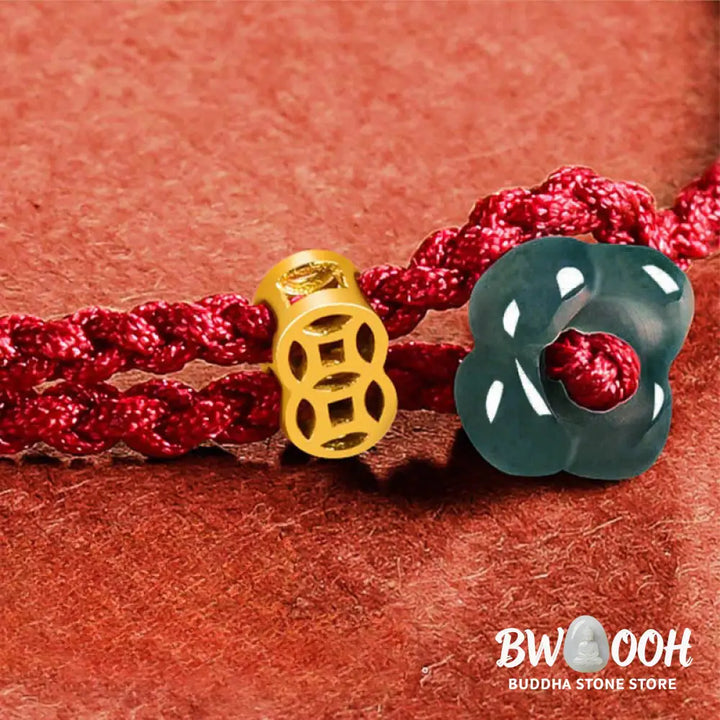 Buddha Stones Jade Flower Luck Copper Coin Red String Bracelet - Jade(Wrist Circumference:13-19cm) - Bracelet