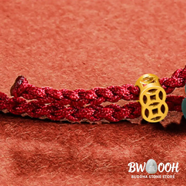 Buddha Stones Jade Flower Luck Copper Coin Red String Bracelet - Jade(Wrist Circumference:13-19cm) - Bracelet