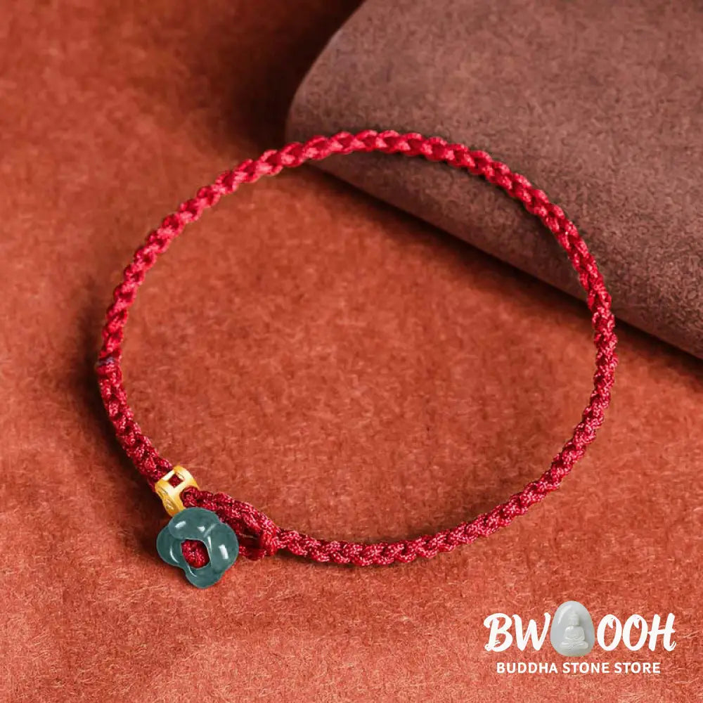 Buddha Stones Jade Flower Luck Copper Coin Red String Bracelet - Jade(Wrist Circumference:13-19cm) - Bracelet