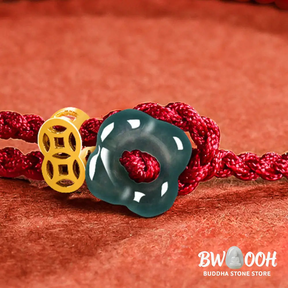 Buddha Stones Jade Flower Luck Copper Coin Red String Bracelet - Jade(Wrist Circumference:13-19cm) - Bracelet