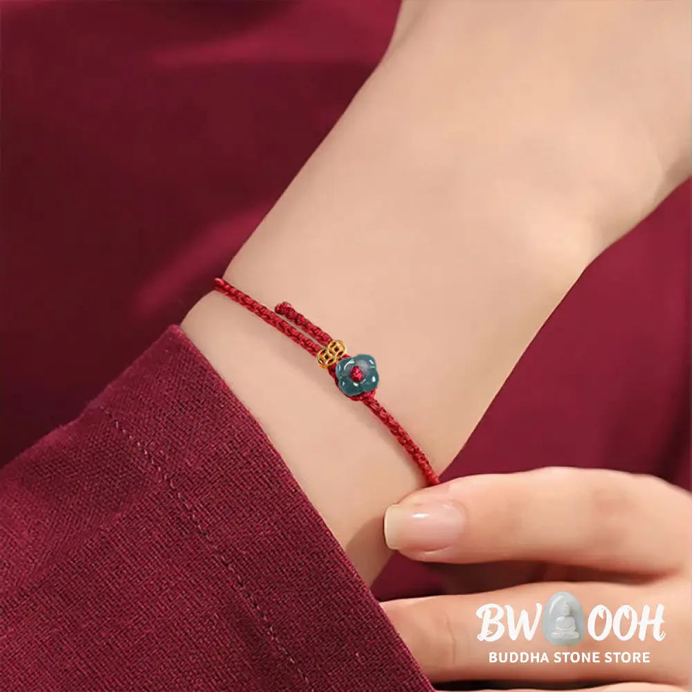Buddha Stones Jade Flower Luck Copper Coin Red String Bracelet - Jade(Wrist Circumference:13-19cm) - Bracelet