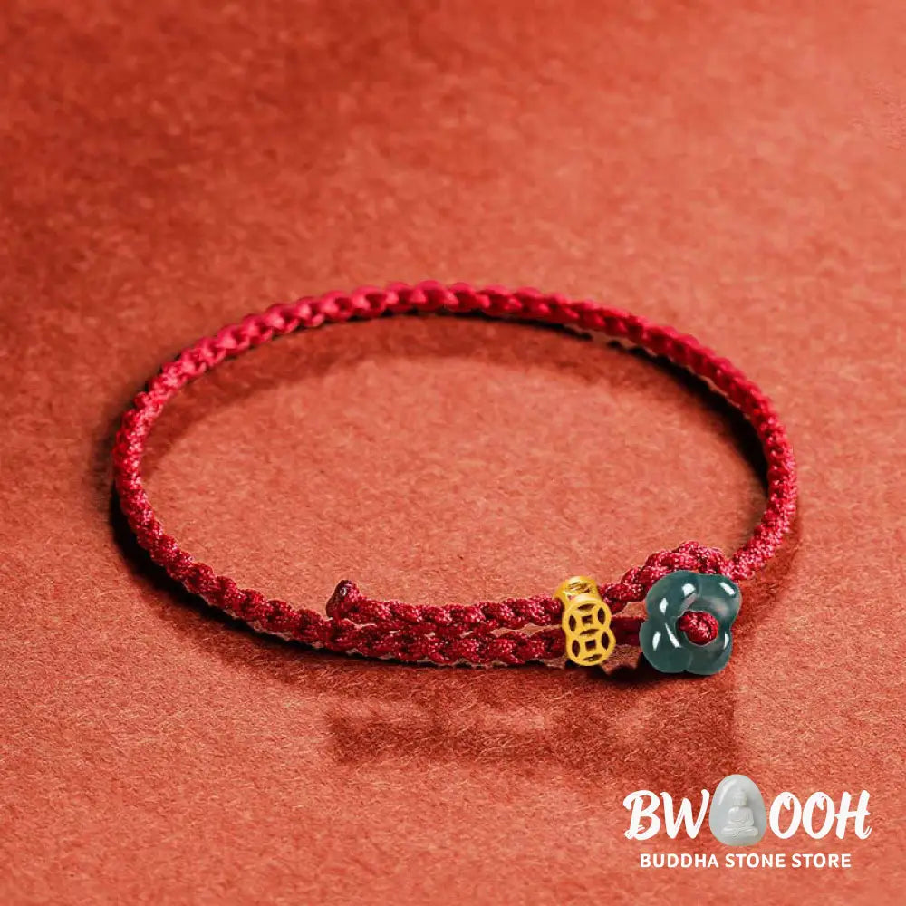Buddha Stones Jade Flower Luck Copper Coin Red String Bracelet - Jade(Wrist Circumference:13-19cm) - Bracelet