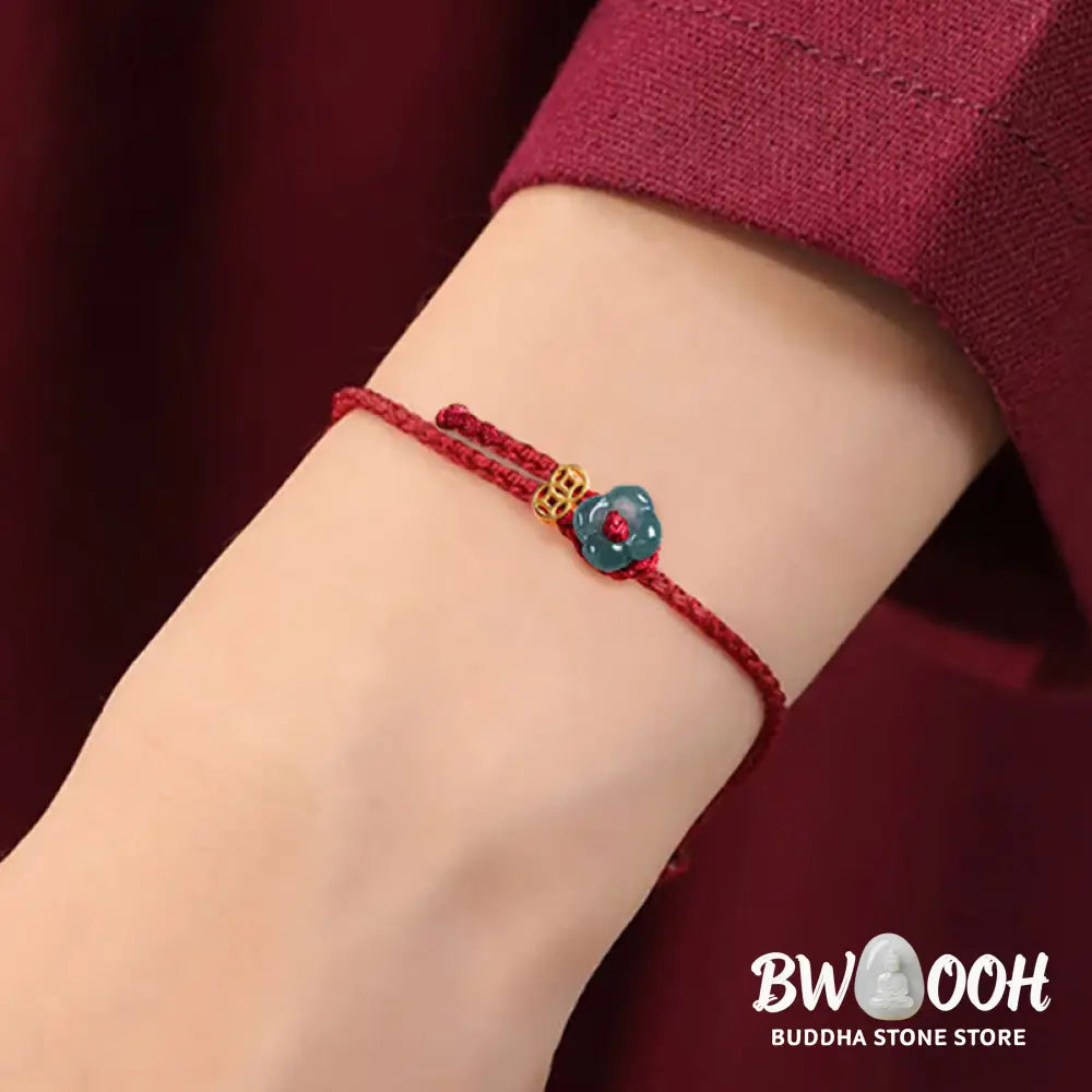 Buddha Stones Jade Flower Luck Copper Coin Red String Bracelet - Jade(Wrist Circumference:13-19cm) - Bracelet