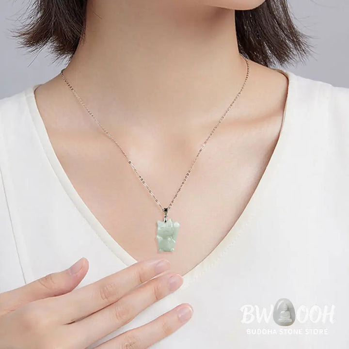 Buddha Stones Jade Fortune Cat Prosperity Titanium Steel Necklace Pendant - BWOOOH - Jade - Necklaces &amp; Pendants