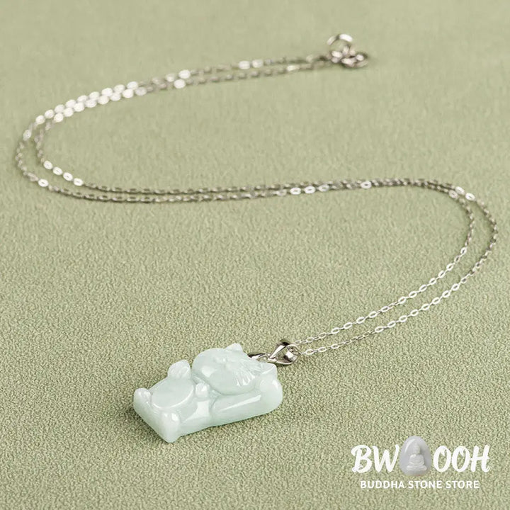 Buddha Stones Jade Fortune Cat Prosperity Titanium Steel Necklace Pendant - BWOOOH - Jade - Necklaces &amp; Pendants