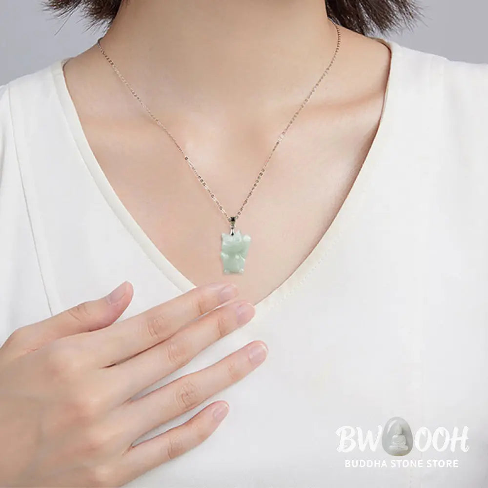 Buddha Stones Jade Fortune Cat Prosperity Titanium Steel Necklace Pendant - BWOOOH - Jade - Necklaces &amp; Pendants