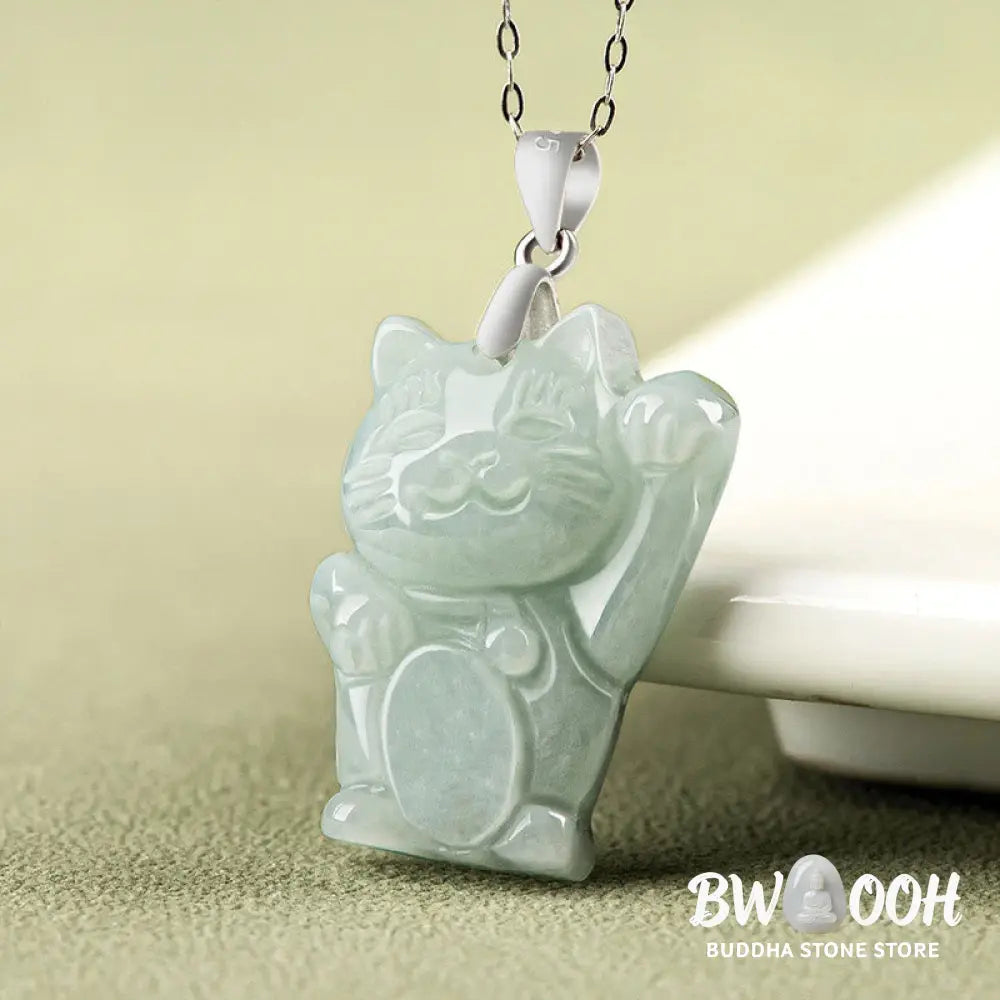 Buddha Stones Jade Fortune Cat Prosperity Titanium Steel Necklace Pendant - BWOOOH - Jade - Necklaces & Pendants