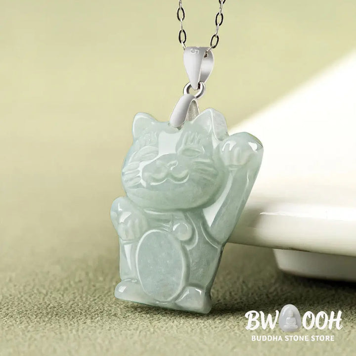 Buddha Stones Jade Fortune Cat Prosperity Titanium Steel Necklace Pendant - BWOOOH - Jade - Necklaces &amp; Pendants