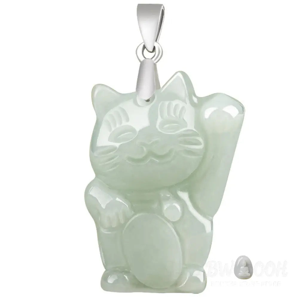 Buddha Stones Jade Fortune Cat Prosperity Titanium Steel Necklace Pendant - BWOOOH - Jade - Necklaces &amp; Pendants