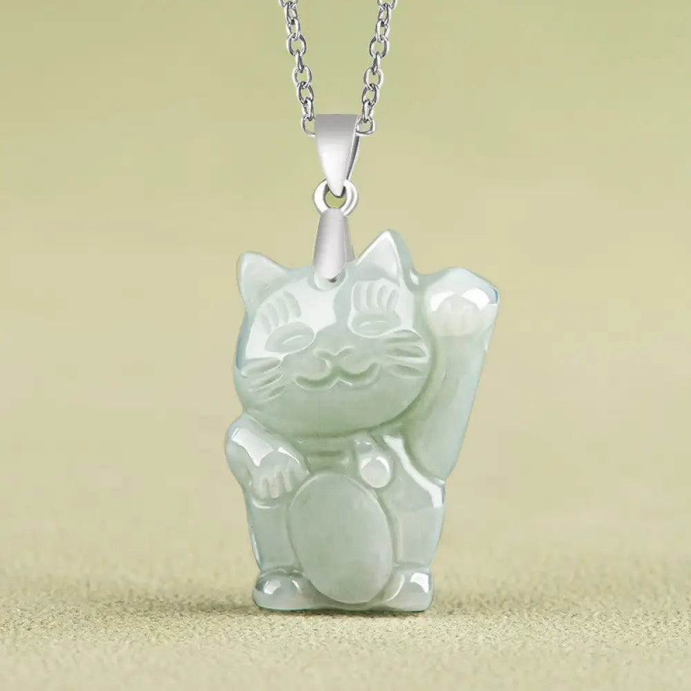Buddha Stones Jade Fortune Cat Prosperity Titanium Steel Necklace Pendant - BWOOOH - Jade - Necklaces & Pendants