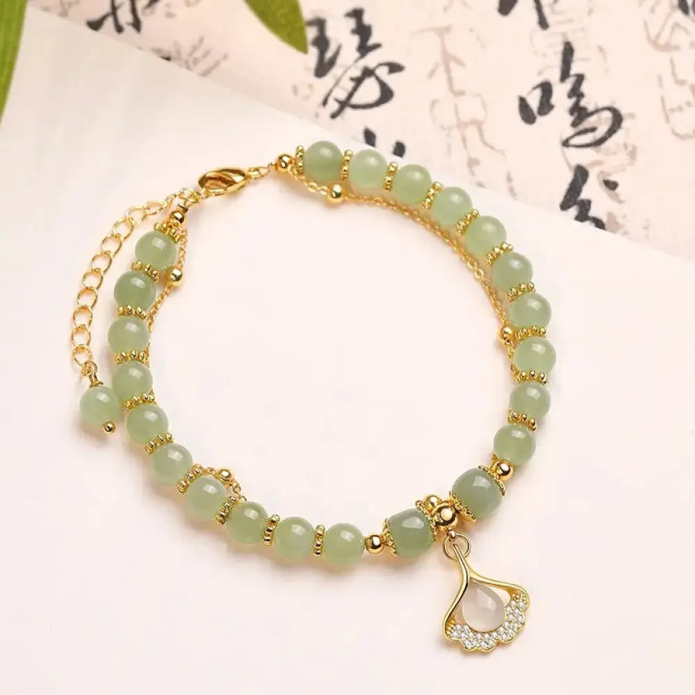 Buddha Stones Jade Leaf Ginkgo Tulip Peanut Fu Character Luck Beaded Bracelet - Ginkgo Leaf&amp;Jade - Bracelet