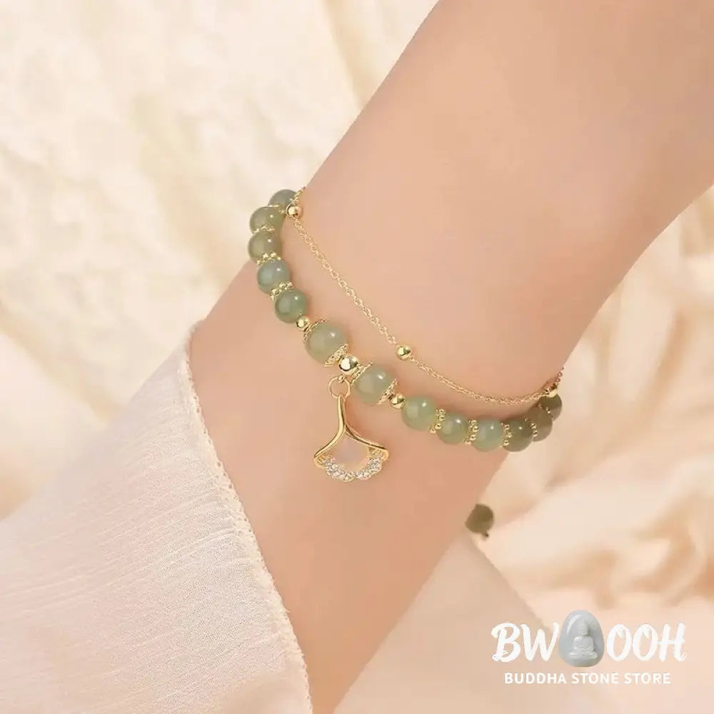 Buddha Stones Jade Leaf Ginkgo Tulip Peanut Fu Character Luck Beaded Bracelet - Bracelet