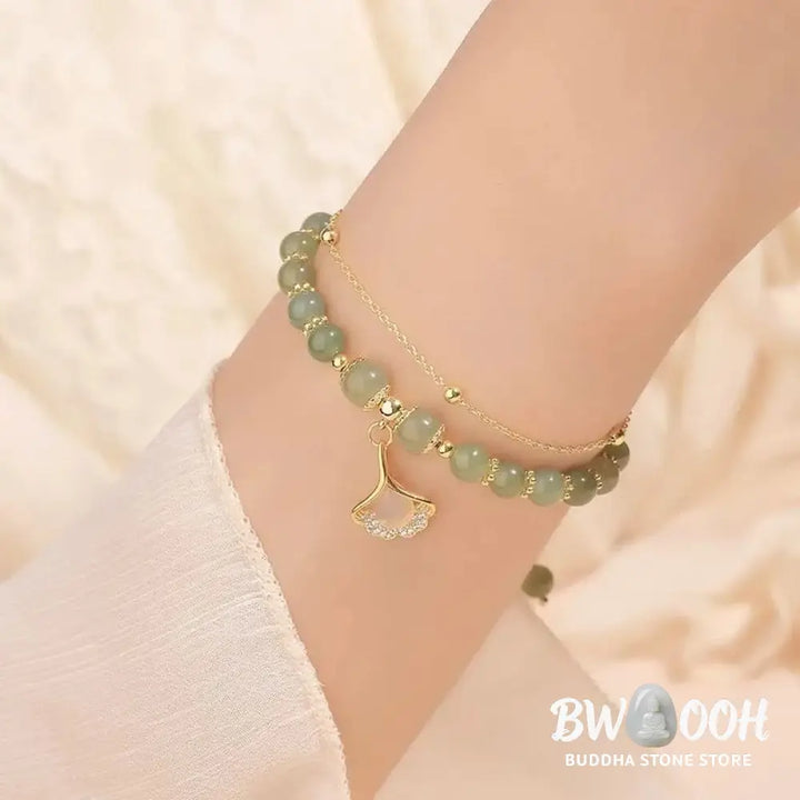 Buddha Stones Jade Leaf Ginkgo Tulip Peanut Fu Character Luck Beaded Bracelet - Bracelet