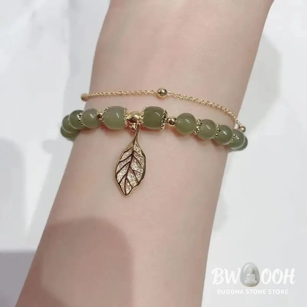 Buddha Stones Jade Leaf Ginkgo Tulip Peanut Fu Character Luck Beaded Bracelet - Bracelet
