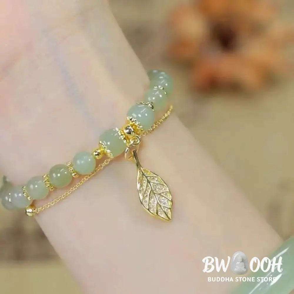 Buddha Stones Jade Leaf Ginkgo Tulip Peanut Fu Character Luck Beaded Bracelet - Bracelet