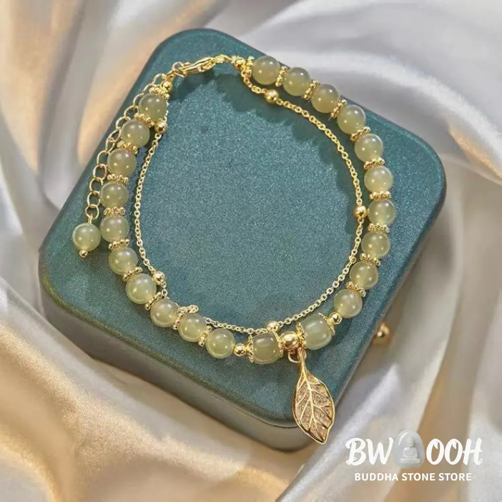 Buddha Stones Jade Leaf Ginkgo Tulip Peanut Fu Character Luck Beaded Bracelet - Bracelet