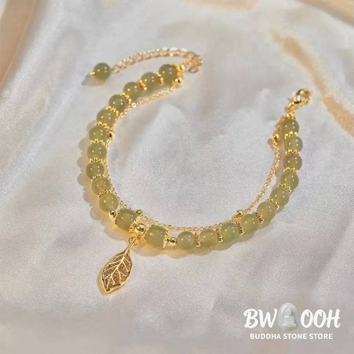 Buddha Stones Jade Leaf Ginkgo Tulip Peanut Fu Character Luck Beaded Bracelet - Bracelet