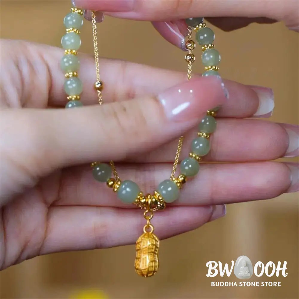 Buddha Stones Jade Leaf Ginkgo Tulip Peanut Fu Character Luck Beaded Bracelet - Bracelet