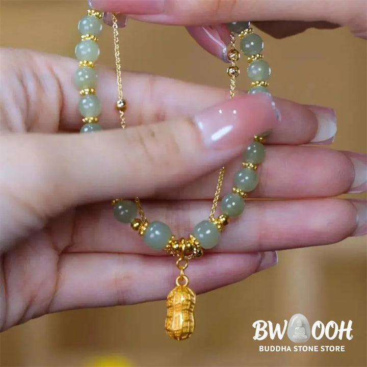 Buddha Stones Jade Leaf Ginkgo Tulip Peanut Fu Character Luck Beaded Bracelet - Bracelet