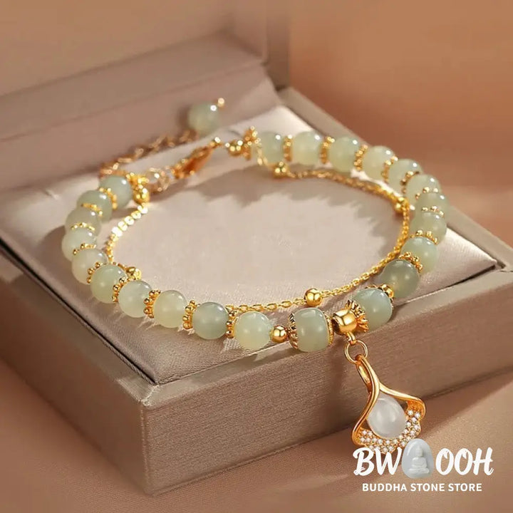 Buddha Stones Jade Leaf Ginkgo Tulip Peanut Fu Character Luck Beaded Bracelet - Bracelet