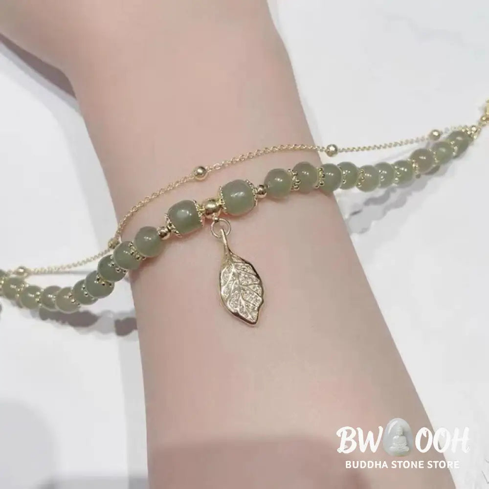 Buddha Stones Jade Leaf Ginkgo Tulip Peanut Fu Character Luck Beaded Bracelet - Bracelet