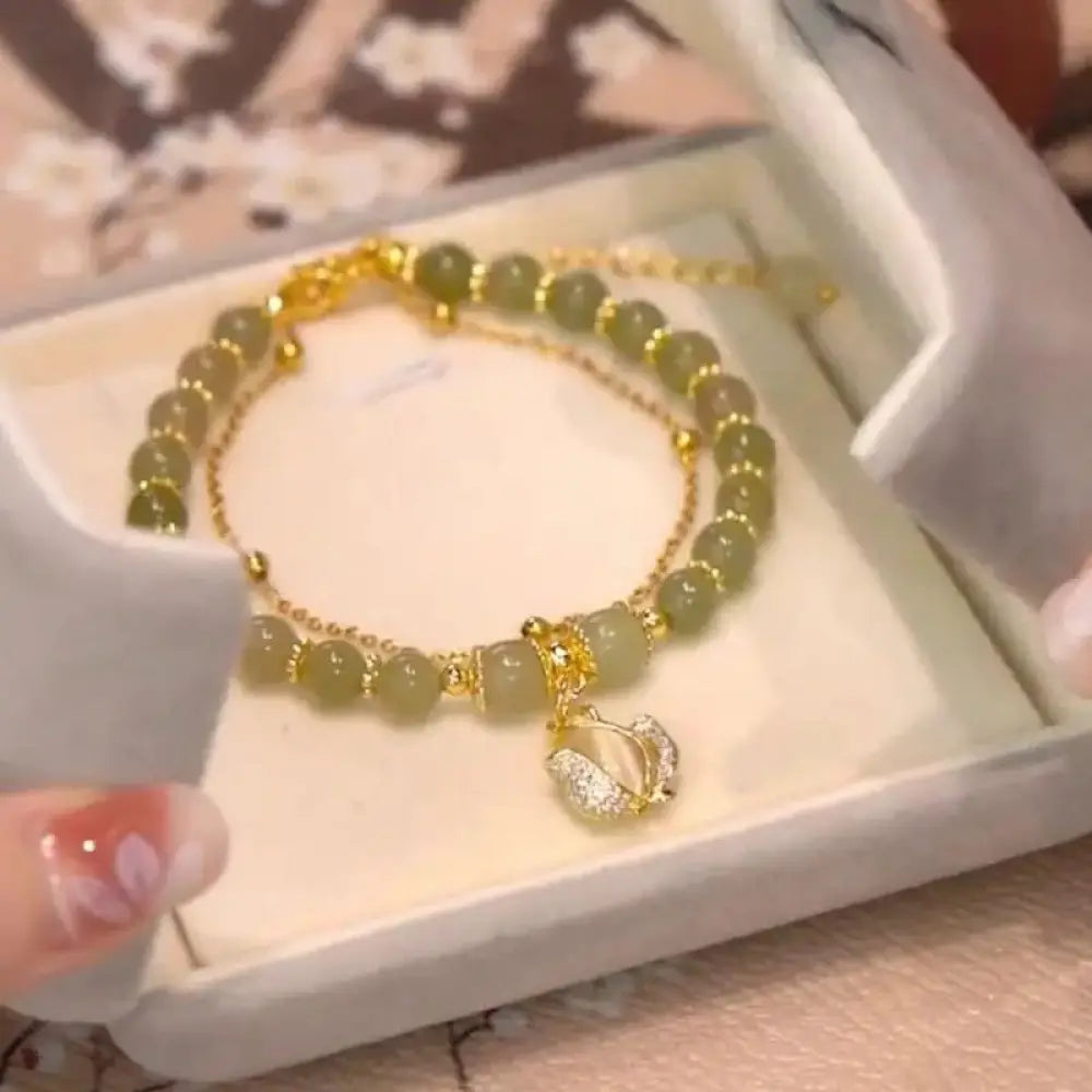 Buddha Stones Jade Leaf Ginkgo Tulip Peanut Fu Character Luck Beaded Bracelet - Tulip&amp;Jade - Bracelet