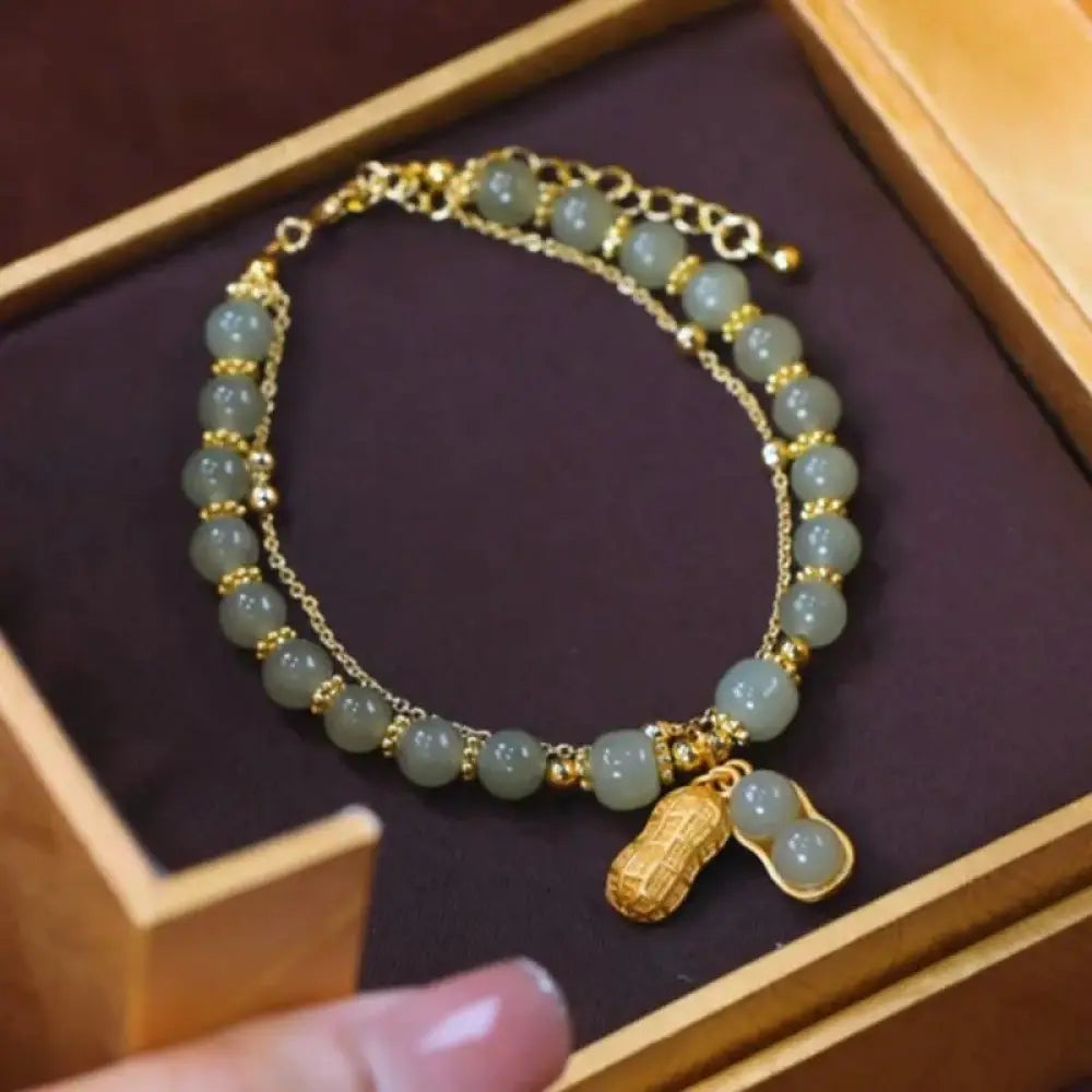 Buddha Stones Jade Leaf Ginkgo Tulip Peanut Fu Character Luck Beaded Bracelet - Peanut&amp;Jade - Bracelet