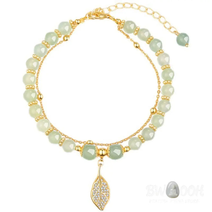 Buddha Stones Jade Leaf Ginkgo Tulip Peanut Fu Character Luck Beaded Bracelet - Bracelet