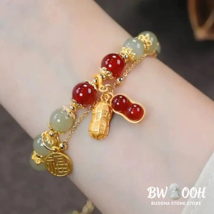 Buddha Stones Jade Leaf Ginkgo Tulip Peanut Fu Character Luck Beaded Bracelet - Bracelet