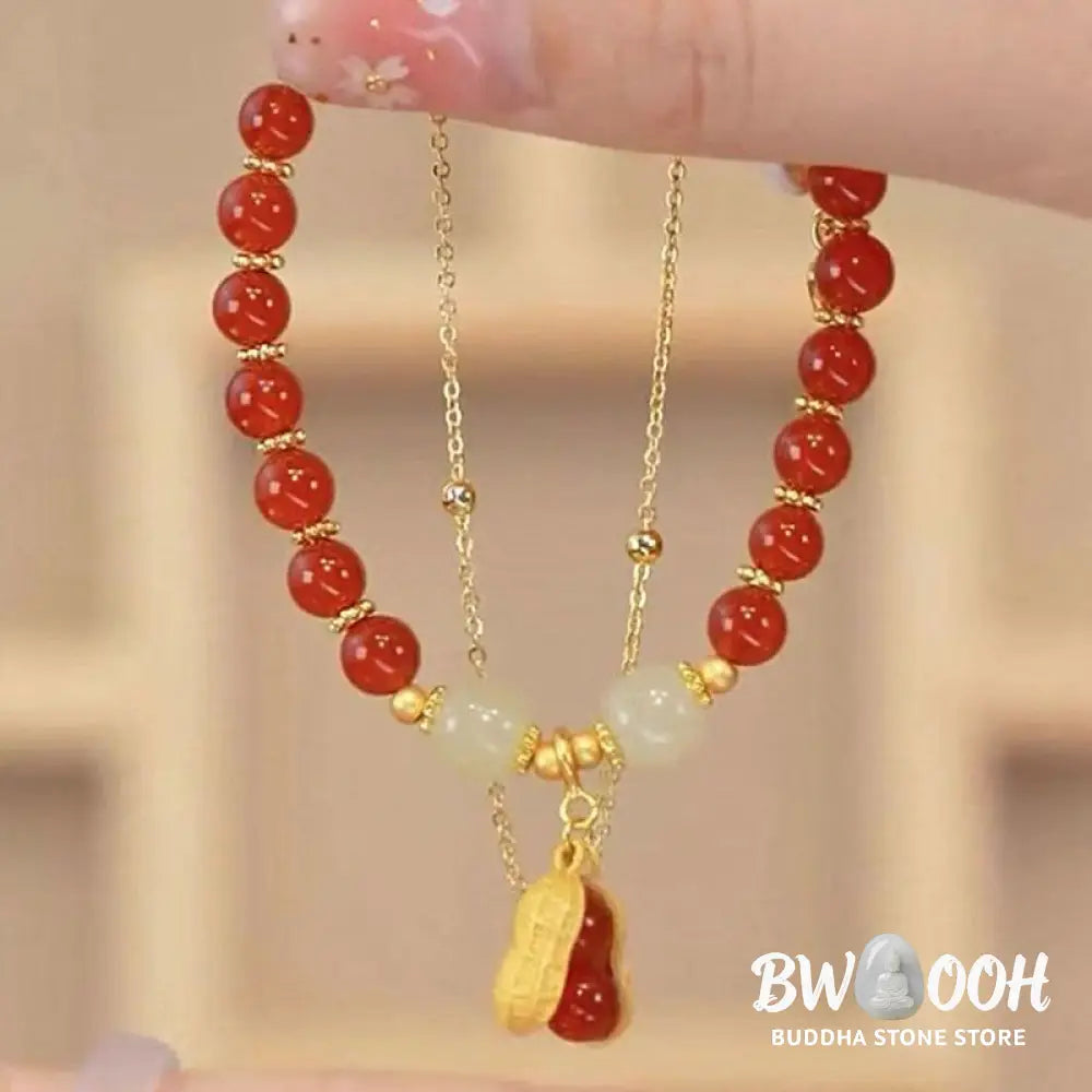 Buddha Stones Jade Leaf Ginkgo Tulip Peanut Fu Character Luck Beaded Bracelet - Bracelet