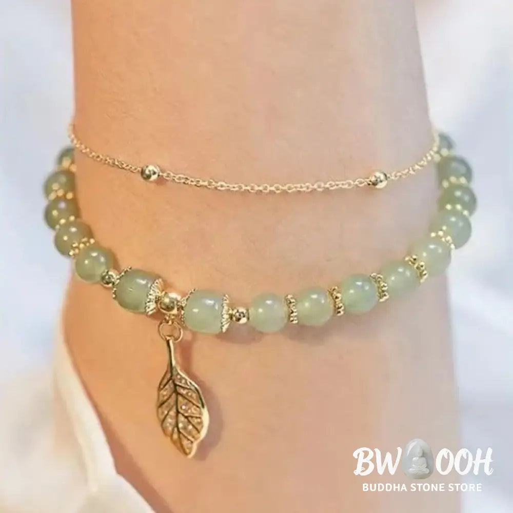 Buddha Stones Jade Leaf Ginkgo Tulip Peanut Fu Character Luck Beaded Bracelet - Bracelet