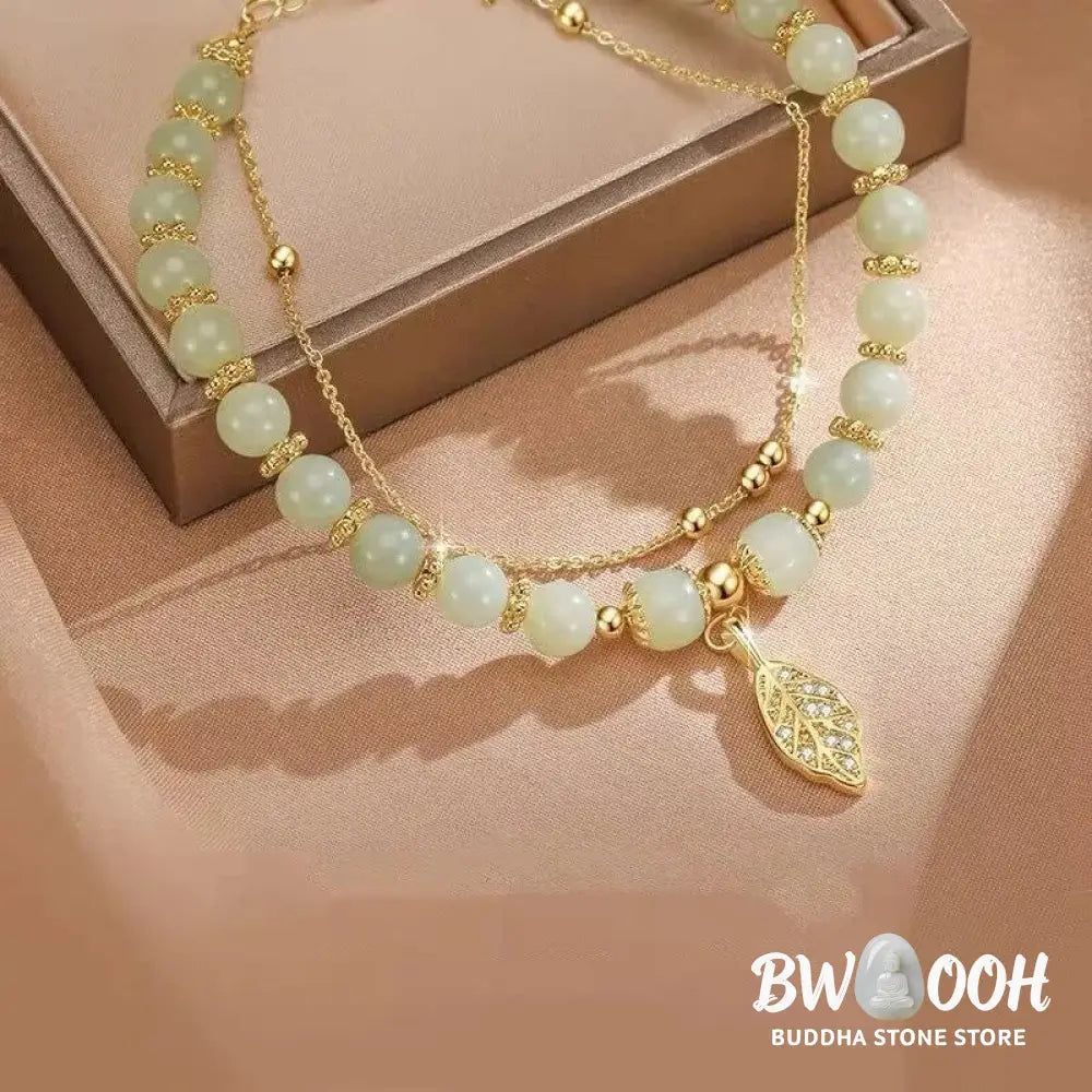 Buddha Stones Jade Leaf Ginkgo Tulip Peanut Fu Character Luck Beaded Bracelet - Bracelet