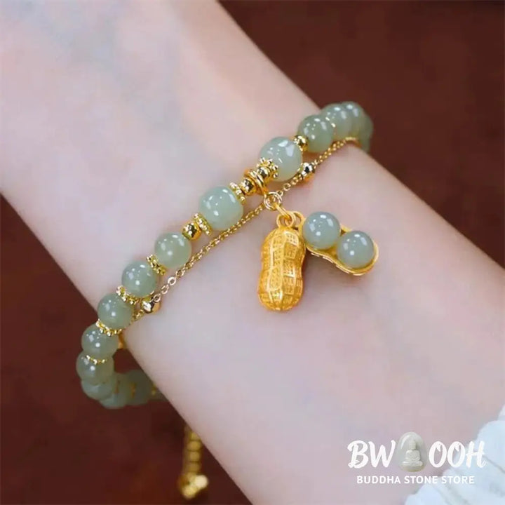 Buddha Stones Jade Leaf Ginkgo Tulip Peanut Fu Character Luck Beaded Bracelet - Bracelet