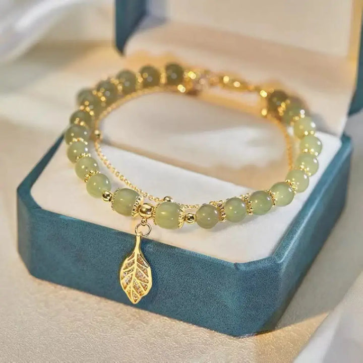 Buddha Stones Jade Leaf Ginkgo Tulip Peanut Fu Character Luck Beaded Bracelet - Golden Leaf&amp;Jade - Bracelet