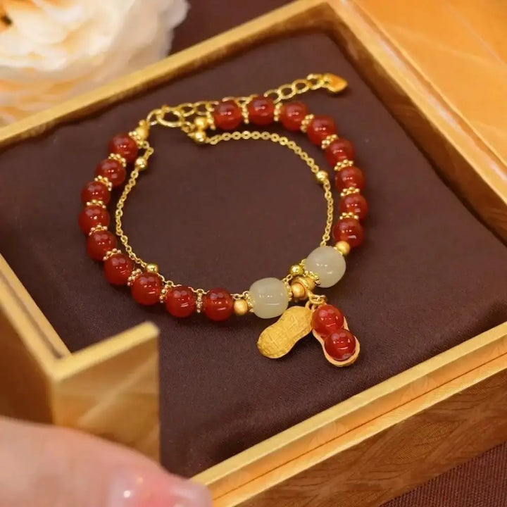 Buddha Stones Jade Leaf Ginkgo Tulip Peanut Fu Character Luck Beaded Bracelet - Red Bead&amp;Peanut - Bracelet