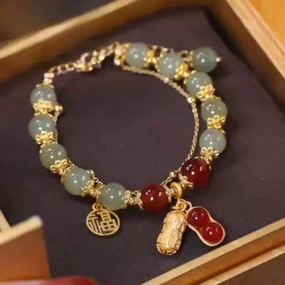 Buddha Stones Jade Leaf Ginkgo Tulip Peanut Fu Character Luck Beaded Bracelet - Peanut Fu Character&amp;Jade Red Bead