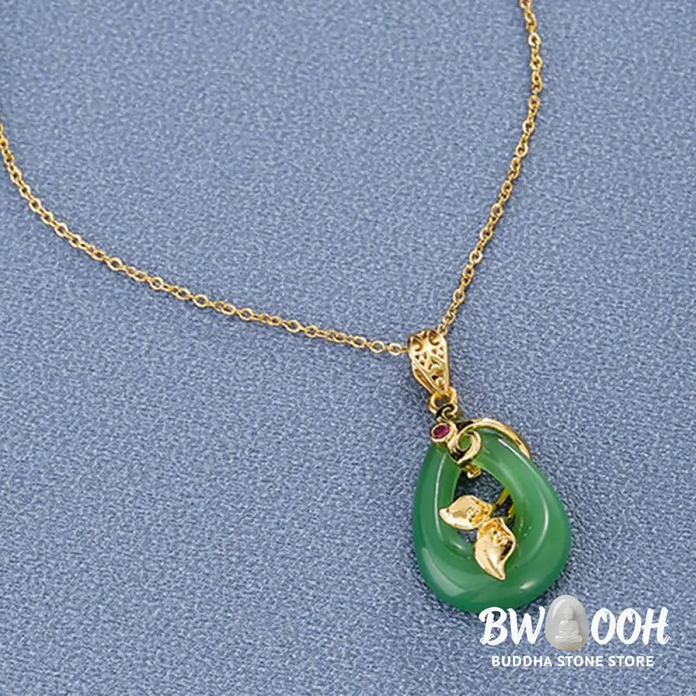 BWOOOH handmade Oval Jade Blessing Fortune Necklace Pendant, featuring a smooth, polished green jade oval on a shimmering titanium steel chain. Symbolizes prosperity, mental clarity, and improved sleep. - View 2
