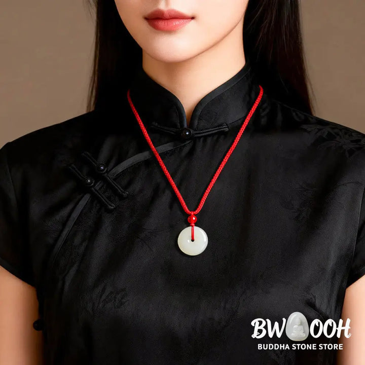 Buddha Stones Jade Peace Buckle Abundance Red Rope Necklace Pendant - BWOOOH - Natural Jade(Color May Vary) - Necklaces