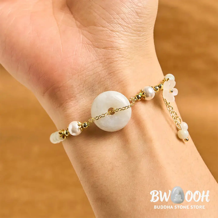 Buddha Stones Jade Peace Buckle Beads Flower Prosperity Bracelet - BWOOOH - Jade(Wrist circumference: 15-16cm)