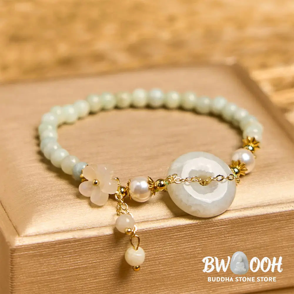Buddha Stones Jade Peace Buckle Beads Flower Prosperity Bracelet - BWOOOH - Jade(Wrist circumference: 15-16cm)