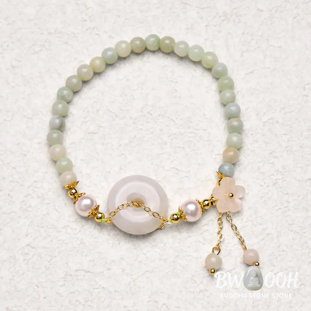 Buddha Stones Jade Peace Buckle Beads Flower Prosperity Bracelet - BWOOOH - Jade(Wrist circumference: 15-16cm)