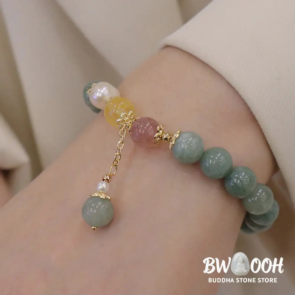 Buddha Stones Jade Pearl Strawberry Quartz Abundance Luck Bead Charm Bracelet - BWOOOH - Jade(Prosperity♥Abundance)