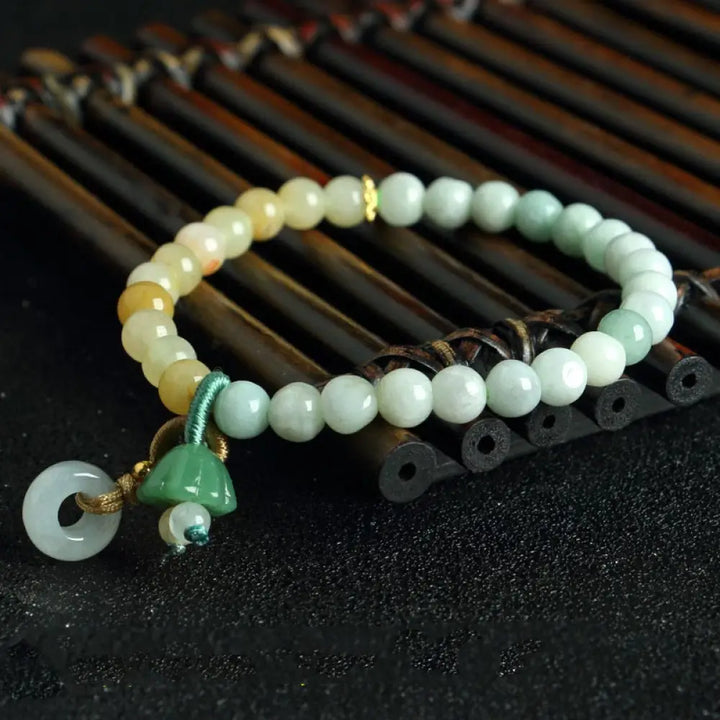 Buddha Stones Jade Quartzite Peace Buckle Lotus Pod Charm Luck Abundance Bracelet - Jade(Wrist Circumference: 14-15cm)