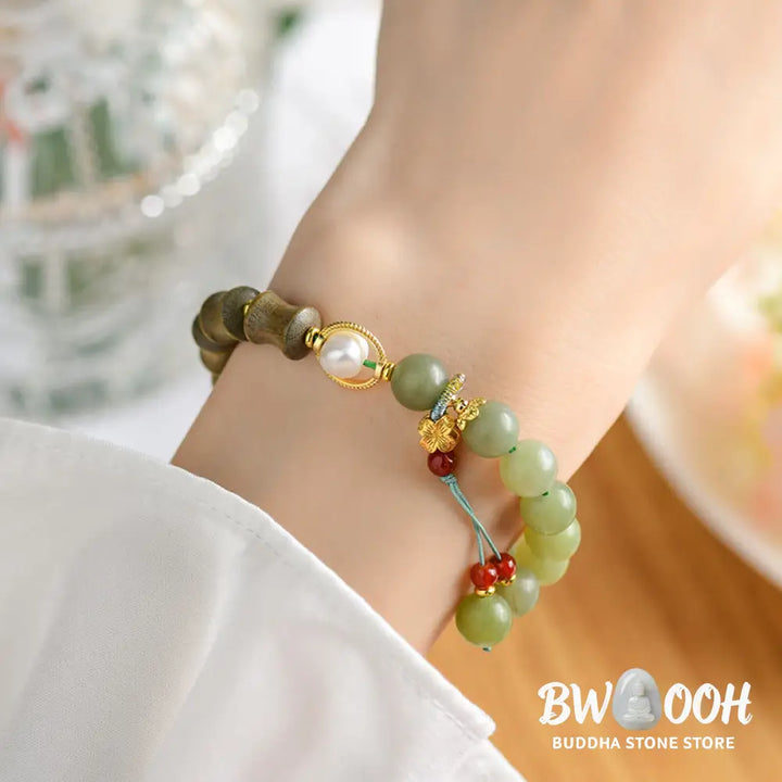 Buddha Stones Jade Sandalwood Bamboo Pearl Prosperity Bracelet - BWOOOH - Jade(Wrist Circumference 14-16cm) - Bracelet