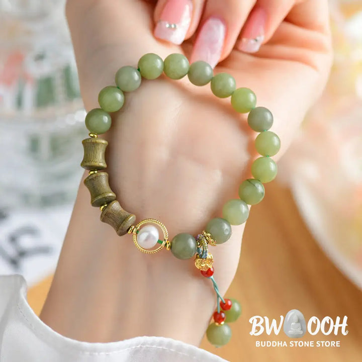 Buddha Stones Jade Sandalwood Bamboo Pearl Prosperity Bracelet - BWOOOH - Jade(Wrist Circumference 14-16cm) - Bracelet