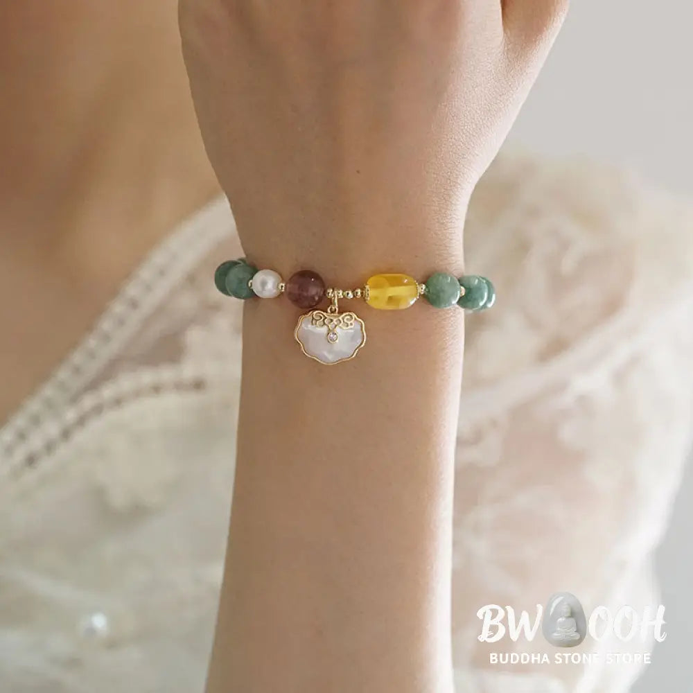 Buddha Stones Jade Sea shell Ruyi Lock Luck Bracelet - BWOOOH - Jade(Wrist Circumference 14-16cm) - Bracelet